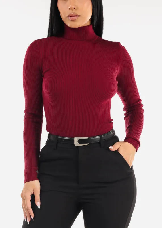 Long Sleeve Turtleneck Ribbed Sweater Burgundy sold by Moda