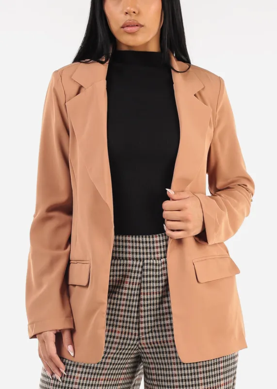 Long Sleeve Open Front Taupe Blazer w Pockets sold by Moda