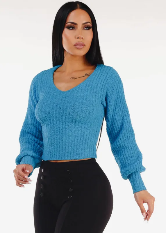 Long Sleeve Vneck Plush Sweater Turquoise sold by Moda