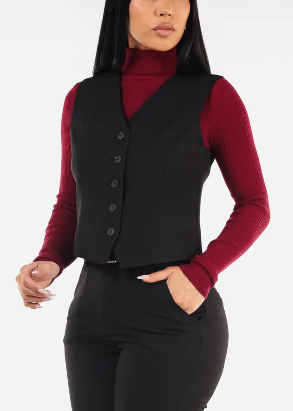Sleeveless Button Up Twill Vest Black sold by Moda