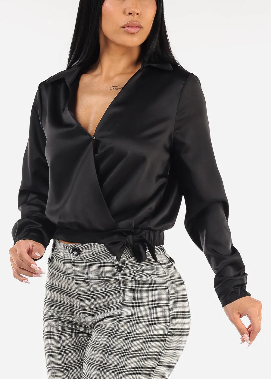 Long Sleeve Surplice Satin Blouse Black sold by Moda