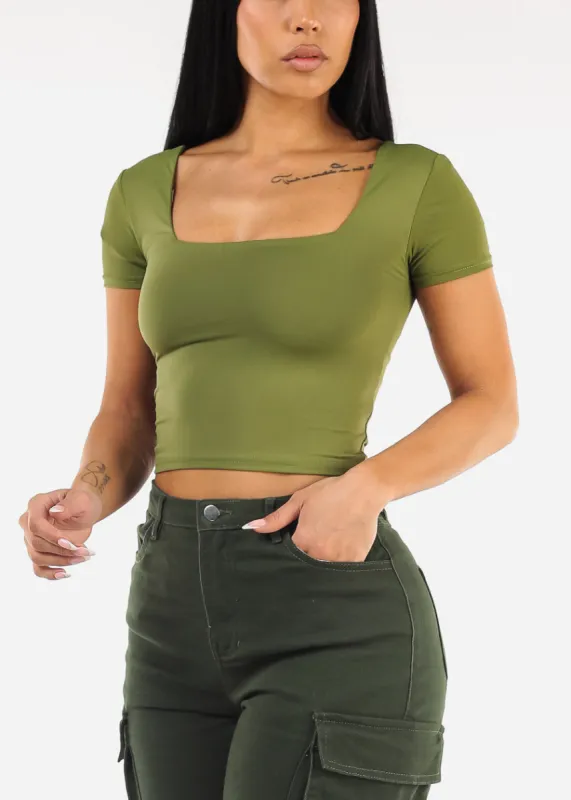 Double Layered Square Neck Crop Top Green sold by Moda