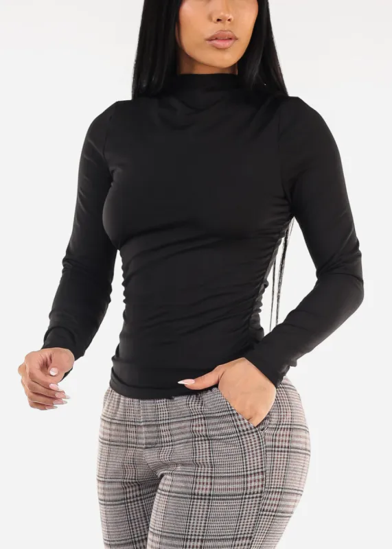 Long Sleeve Mock Neck Ruched Top Black sold by Moda