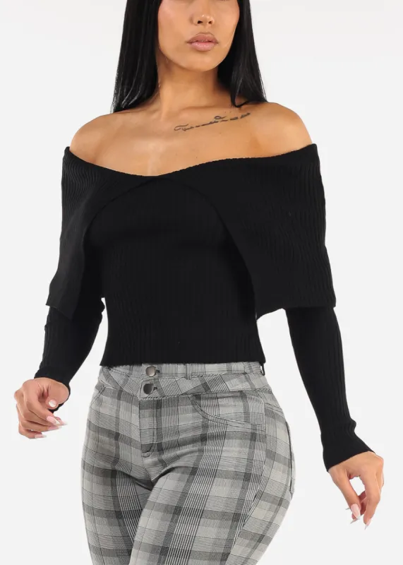 Black Off Shoulder Ribbed Sweater Top sold by Moda