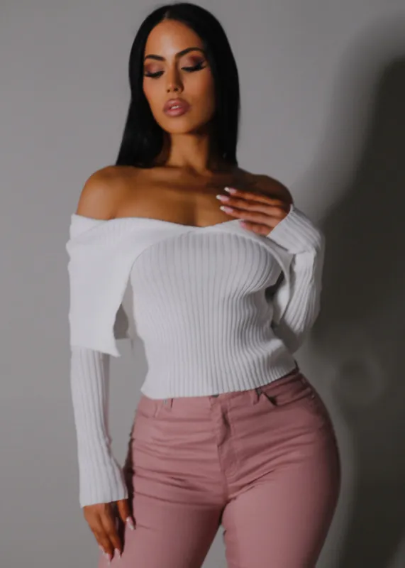 White Off Shoulder Ribbed Sweater Top sold by Moda