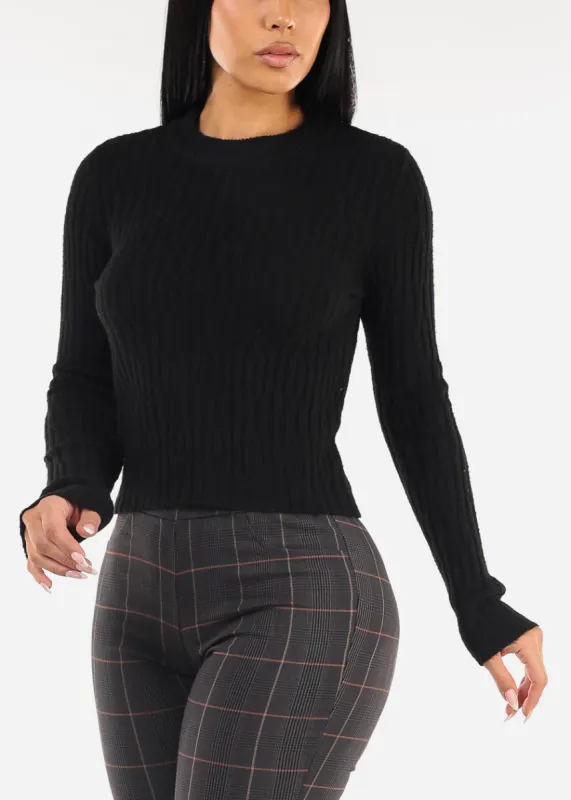 Long Sleeve Crewneck Rib Knit Sweater Black sold by Moda