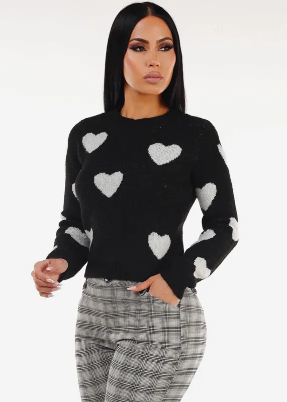 Long Sleeve Black Knitted Sweater "Hearts" sold by Moda