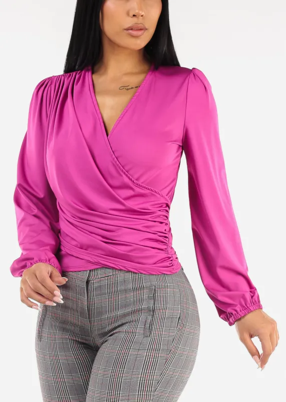 Ruched Surplice Long Sleeve Blouse Fuchsia sold by Moda