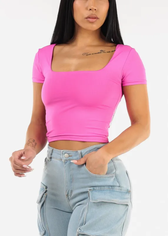 Double Layered Square Neck Crop Top Fuchsia sold by Moda