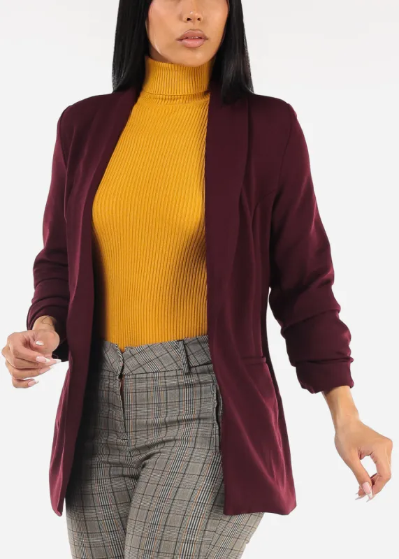 Quarter Sleeve Open Front Blazer Burgundy sold by Moda