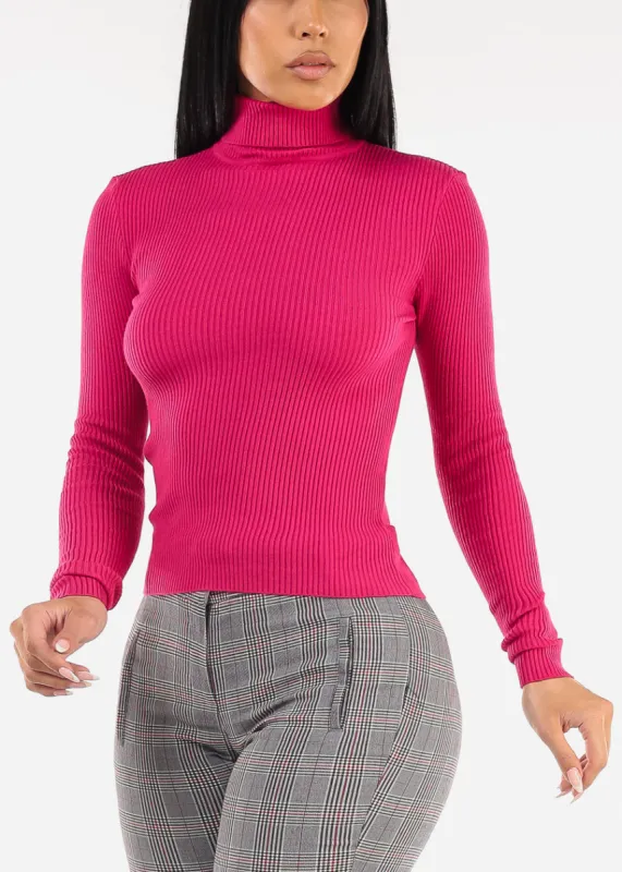 Long Sleeve Turtleneck Ribbed Sweater Magenta sold by Moda