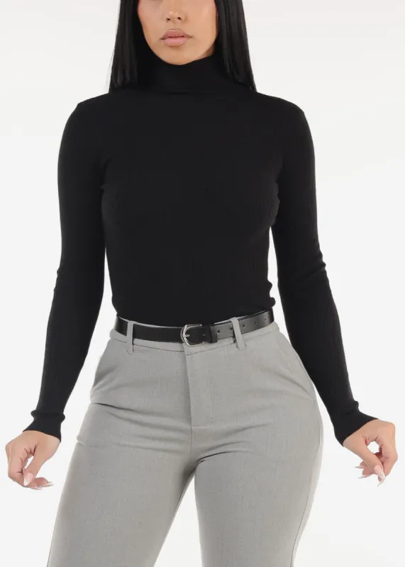 Long Sleeve Turtleneck Ribbed Sweater Black sold by Moda
