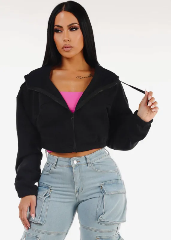 Black Hooded Long Sleeve Fleece Cropped Jacket sold by Moda