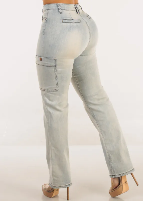 Butt Lift Vintage Wash Straight Wide Leg Cargo Jeans sold by Moda