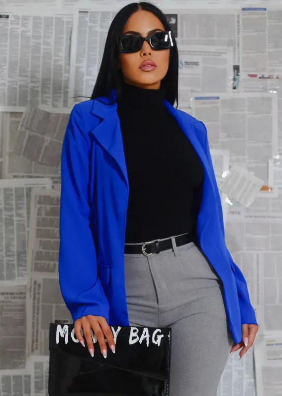 Long Sleeve Open Front Blazer w Pockets Royal Blue sold by Moda