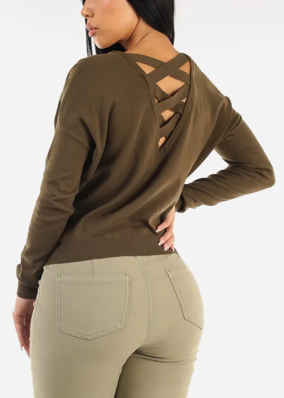 Criss Cross Back Long Sleeve Sweater Top Olive sold by Moda