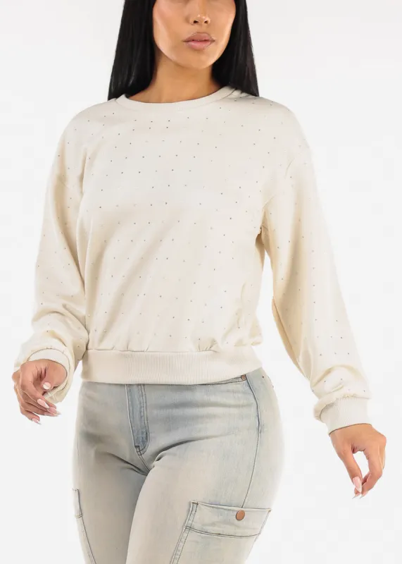 Cream Long Sleeve Crewneck Rhinestone Sweatshirt sold by Moda