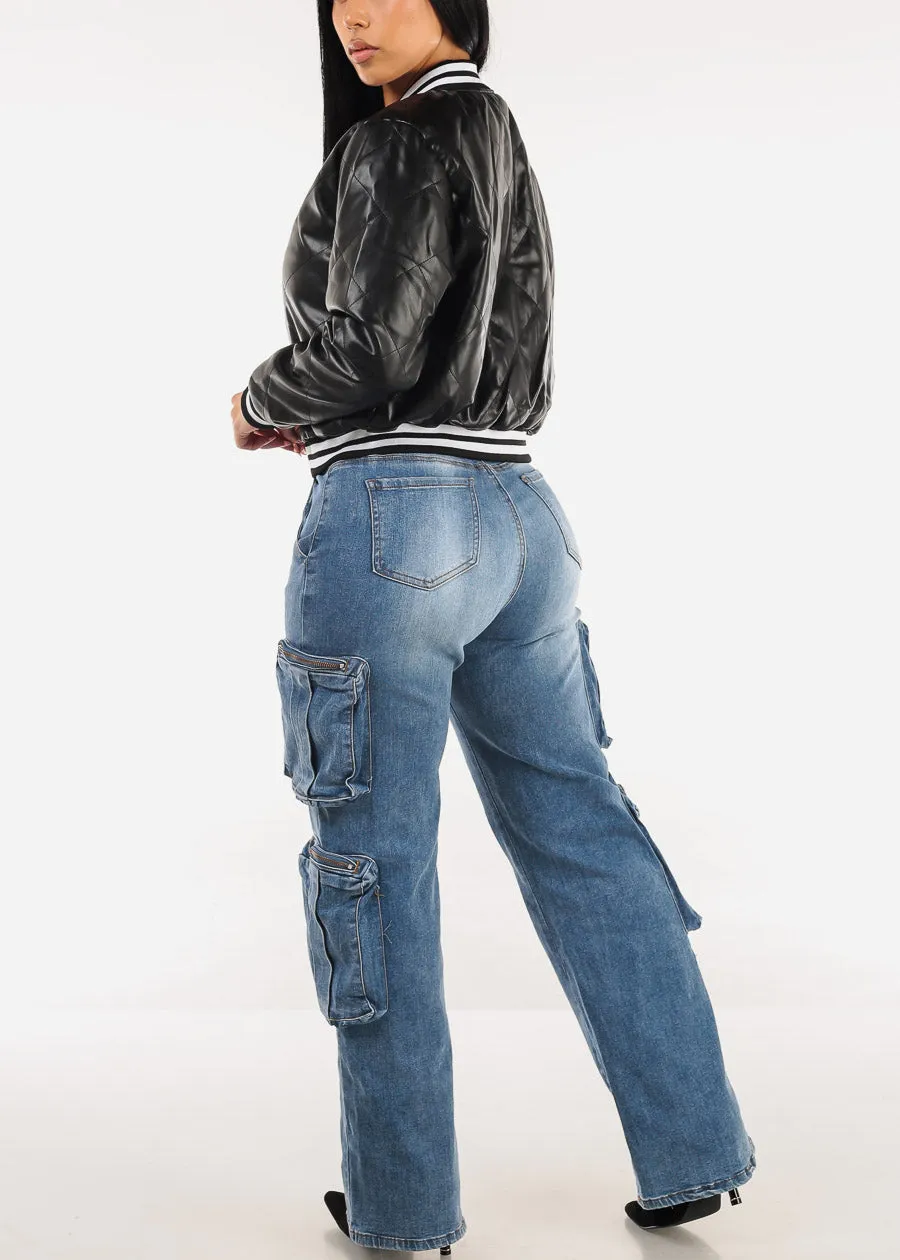 Super High Waist Straight Wide Leg Cargo Jeans Med Blue sold by Moda product image thumbnail 5