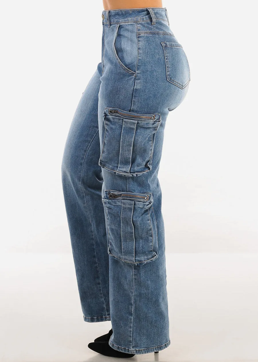 Super High Waist Straight Wide Leg Cargo Jeans Med Blue sold by Moda product image thumbnail 3