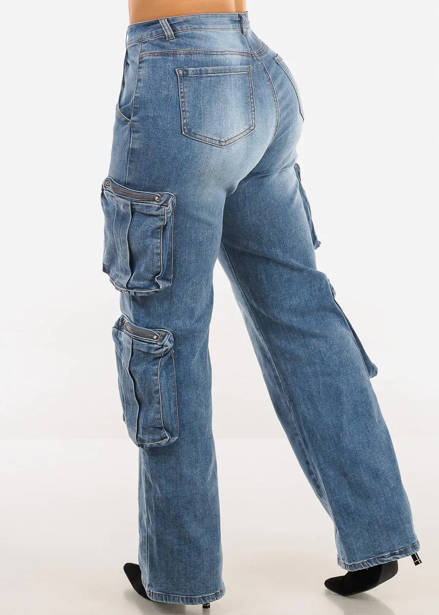 Super High Waist Straight Wide Leg Cargo Jeans Med Blue sold by Moda product image thumbnail 4