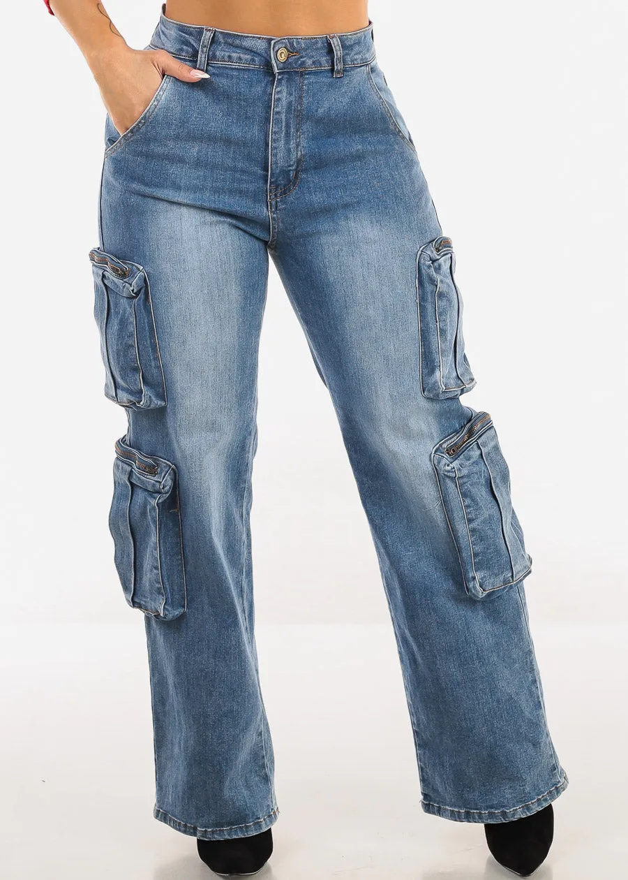 Super High Waist Straight Wide Leg Cargo Jeans Med Blue sold by Moda