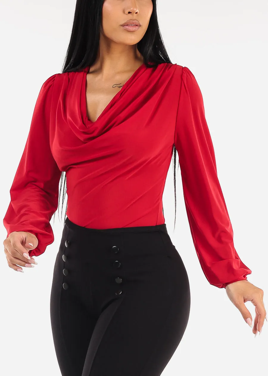 Long Sleeve Cowl Neck Red Dressy Blouse sold by Moda