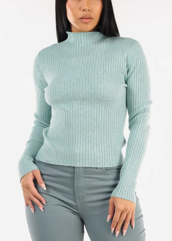 Mock Neck Rib Knit Sweater Top  Mint Green sold by Moda