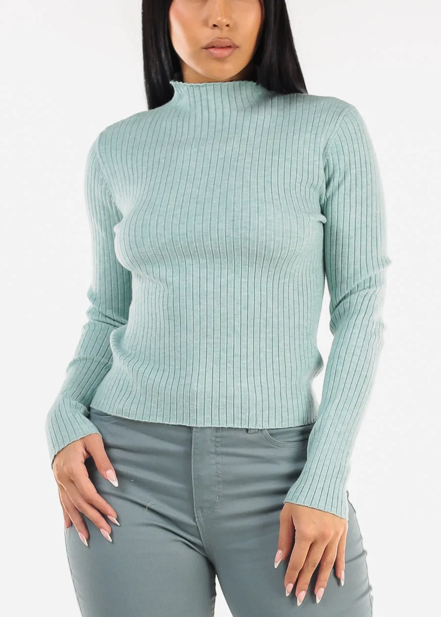 Mock Neck Rib Knit Sweater Top Mint Green sold by Moda