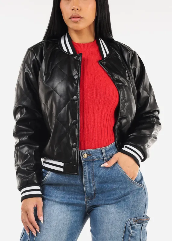 Quilted Vegan Leather Bomber Jacket Black sold by Moda