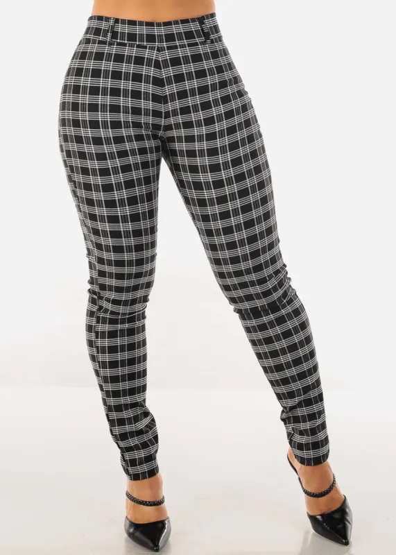 High Waist Plaid Skinny Pants Black sold by Moda