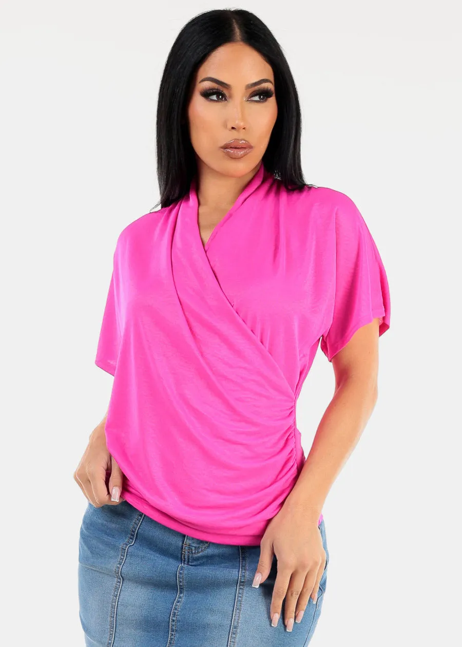 Short Dolman Sleeve Surplice Blouse Hot Pink sold by Moda