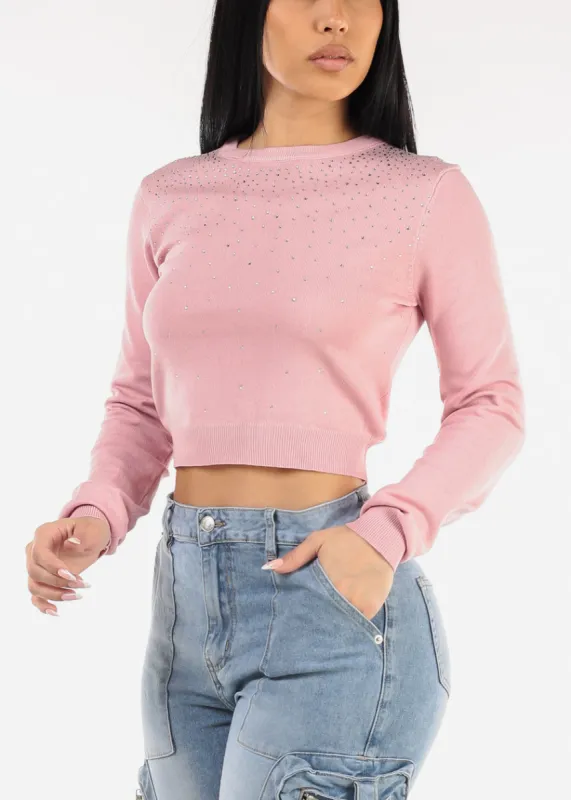 Crewneck Sweater Top Light Pink W Rhinestones sold by Moda
