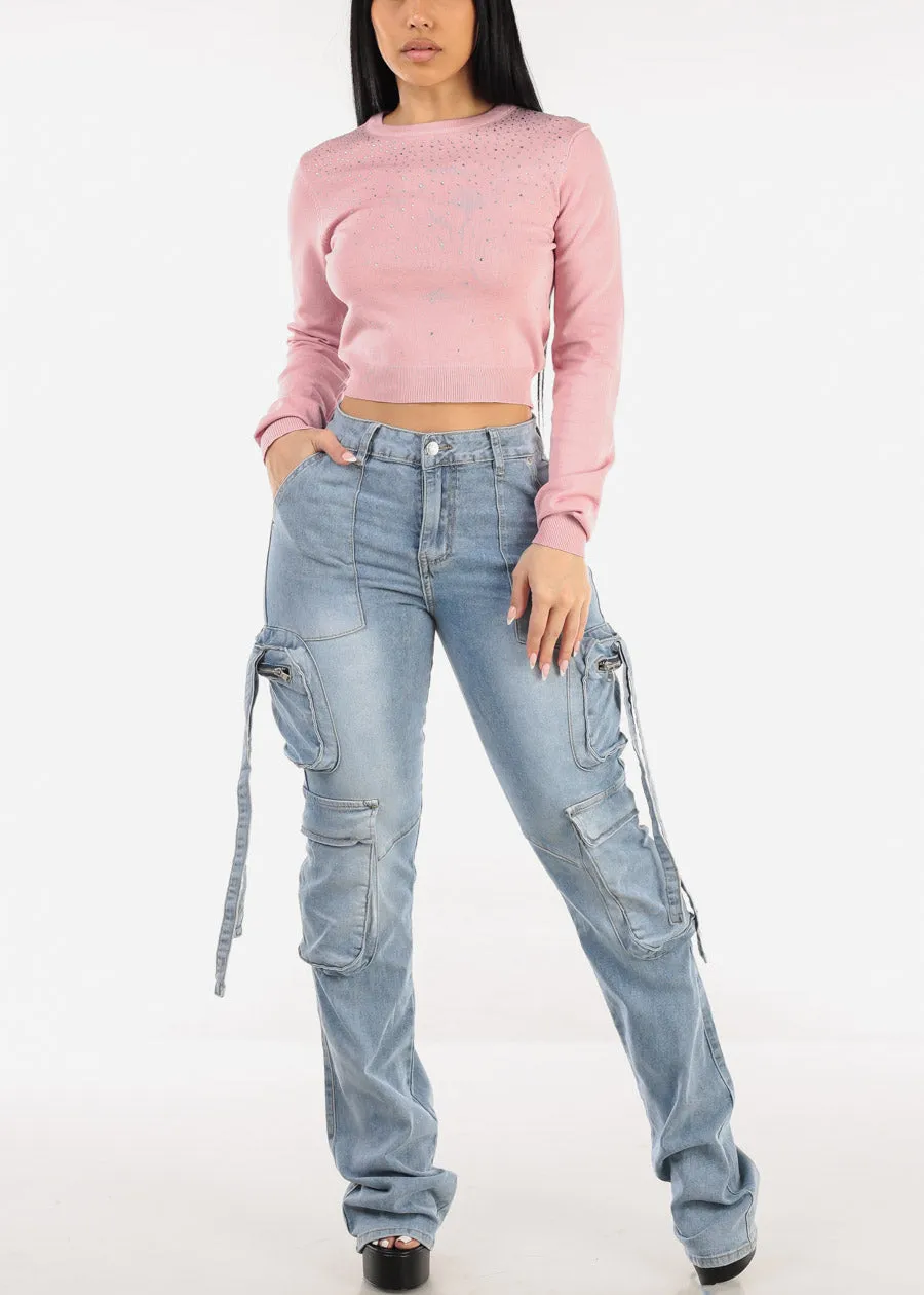 Crewneck Sweater Top Light Pink W Rhinestones sold by Moda product image thumbnail 2