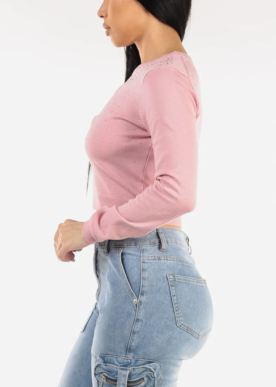 Crewneck Sweater Top Light Pink W Rhinestones sold by Moda product image thumbnail 3