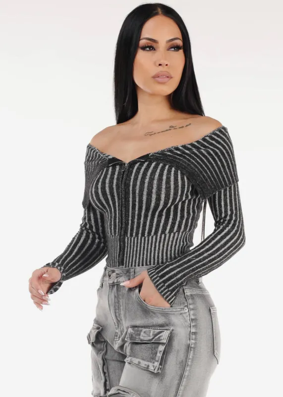 Off Shoulder Zip Up Stripe Sweater Black sold by Moda