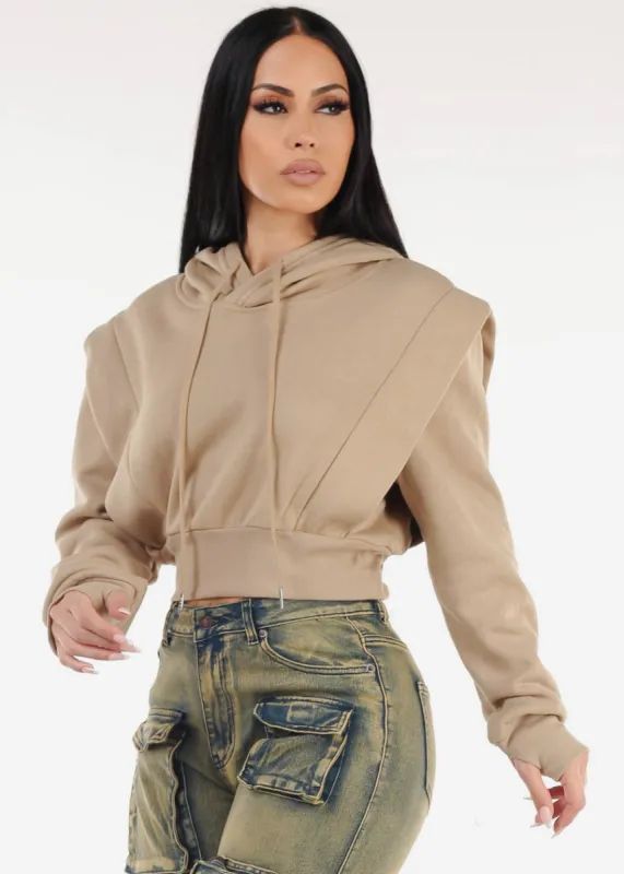 Khaki Cropped Hoodie w Ribbed Waistband sold by Moda