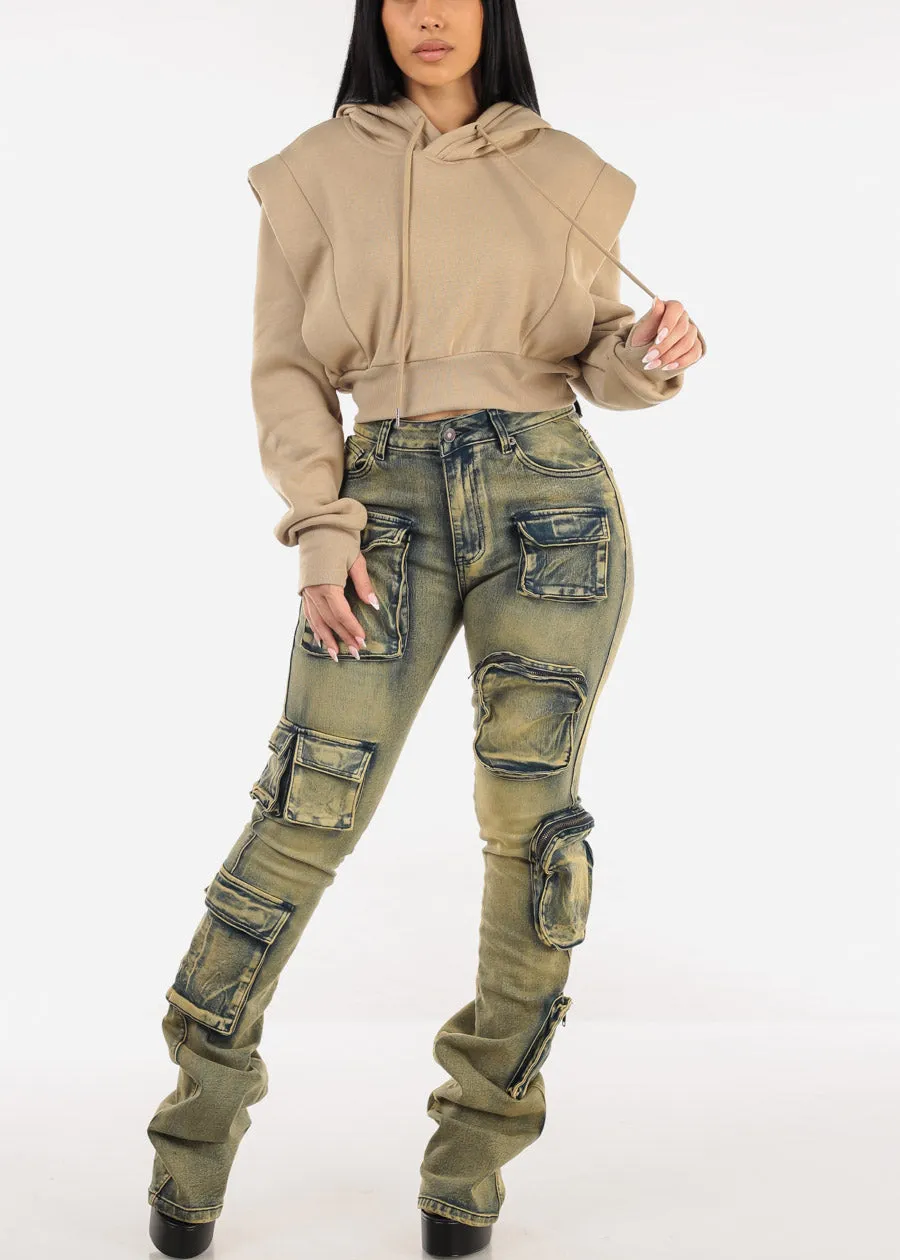 Khaki Cropped Hoodie w Ribbed Waistband sold by Moda product image thumbnail 2