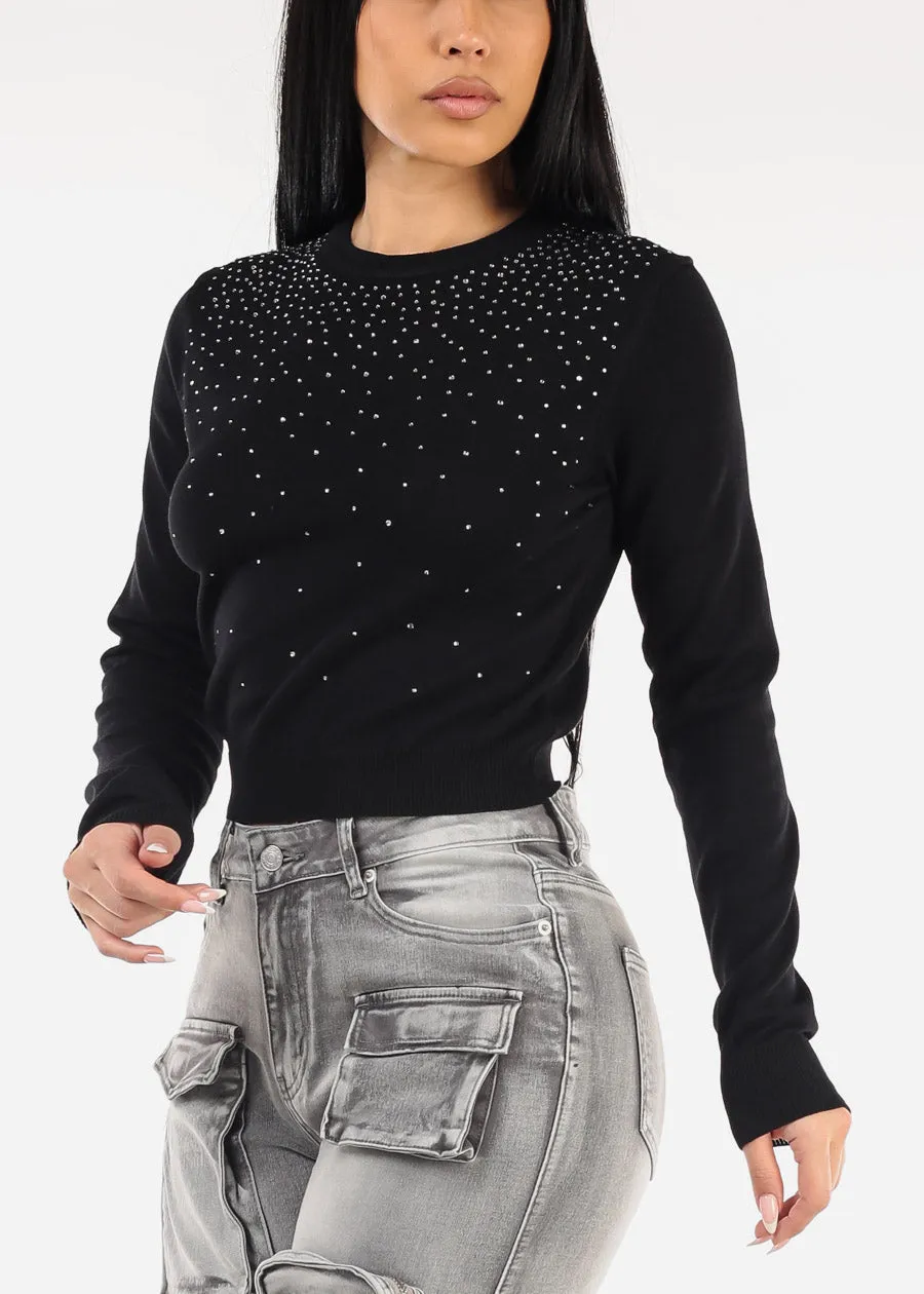Black Crewneck Sweater Top W Rhinestones sold by Moda