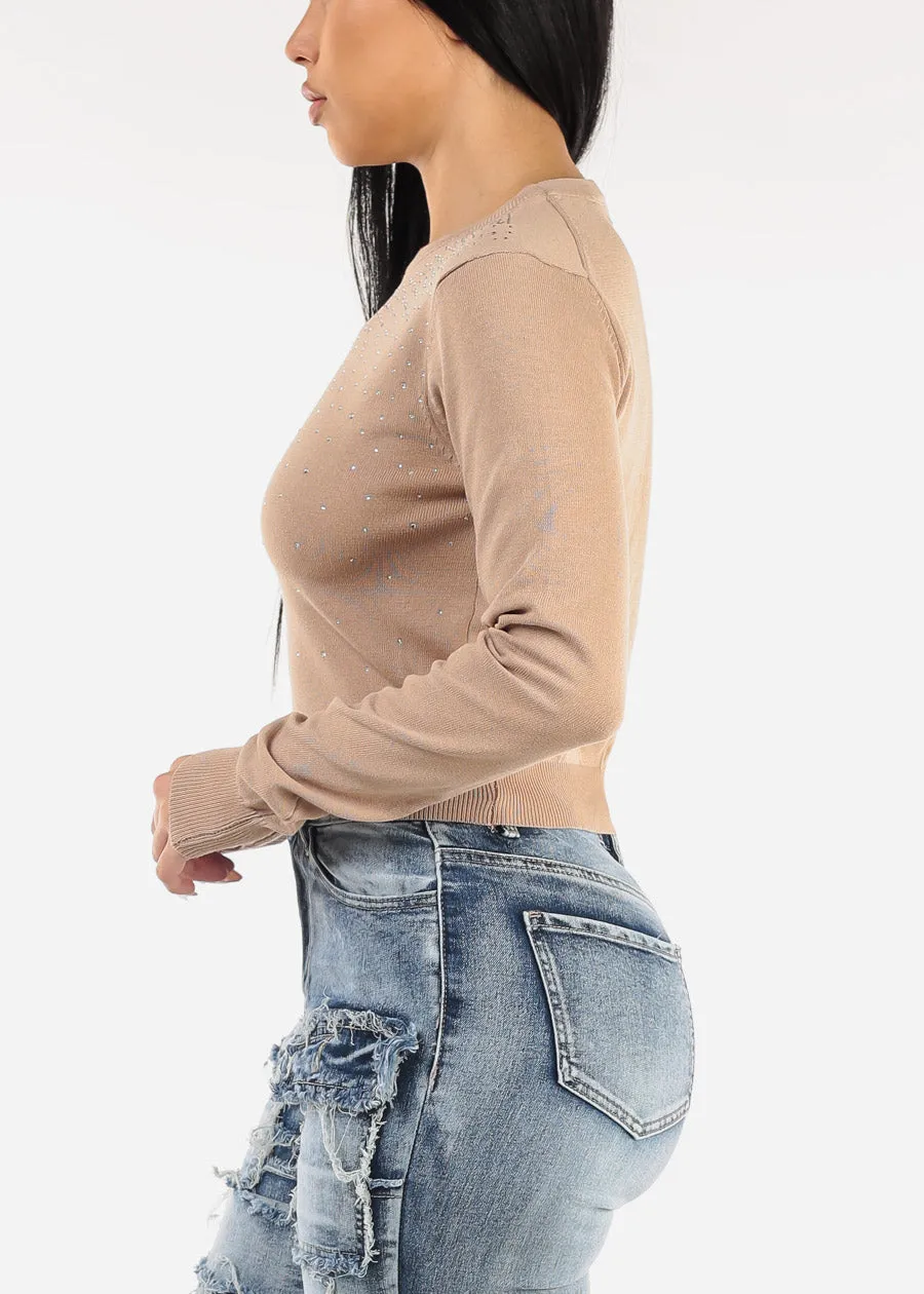 Crewneck Sweater Top Khaki W Rhinestones sold by Moda product image thumbnail 3