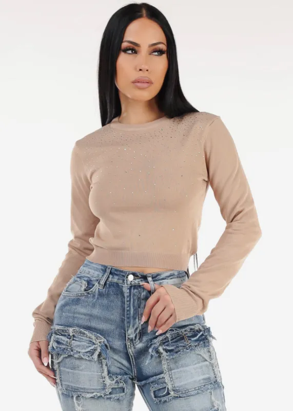 Crewneck Sweater Top Khaki W Rhinestones sold by Moda