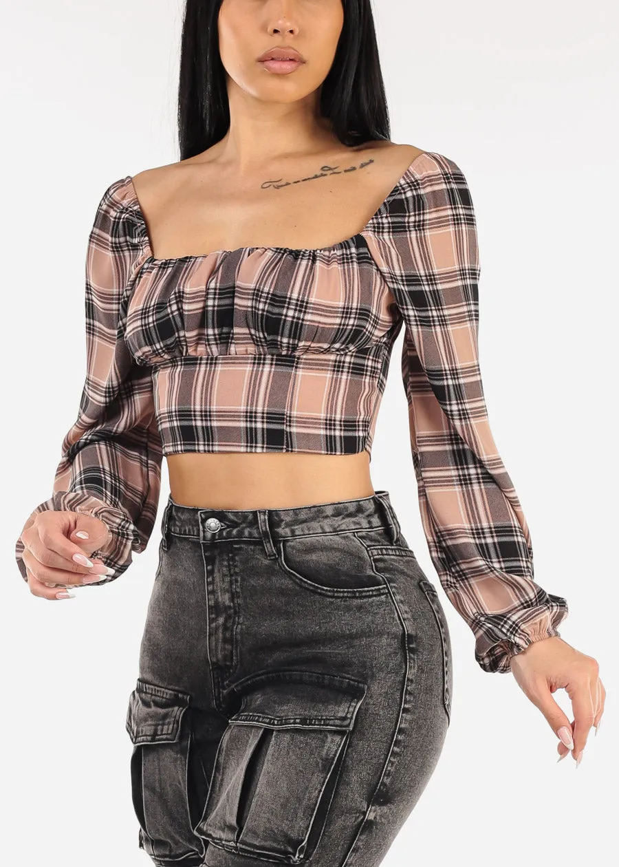 Long Sleeve Plaid Crop Top Mauve sold by Moda product image thumbnail 5