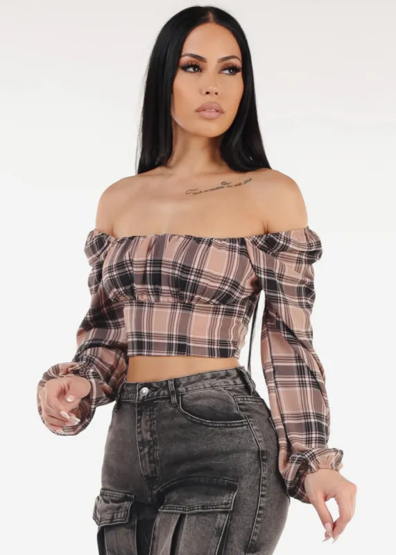 Long Sleeve Plaid Crop Top Mauve sold by Moda