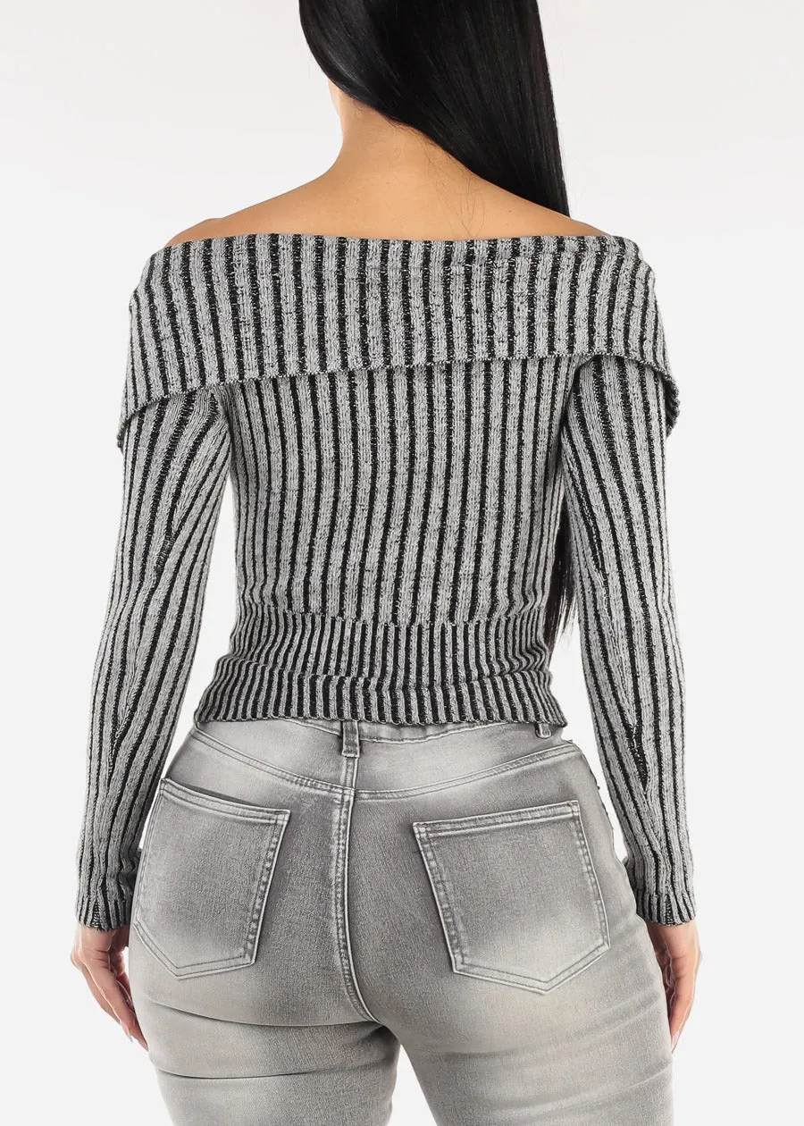 Off Shoulder Zip Up Stripe Sweater Grey sold by Moda product image thumbnail 4