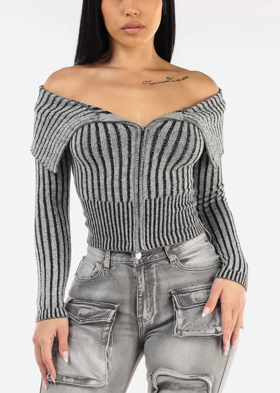 Off Shoulder Zip Up Stripe Sweater Grey sold by Moda
