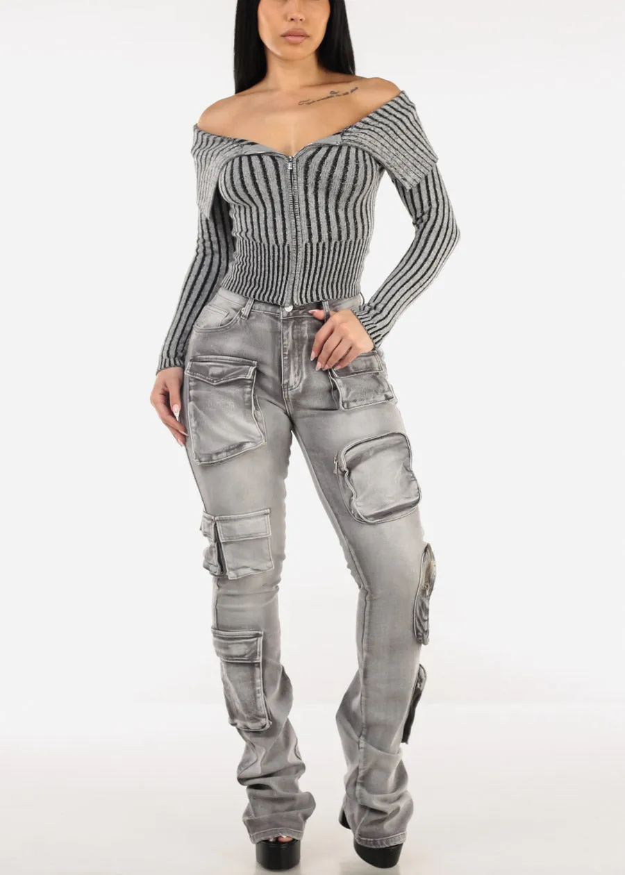 Off Shoulder Zip Up Stripe Sweater Grey sold by Moda product image thumbnail 2