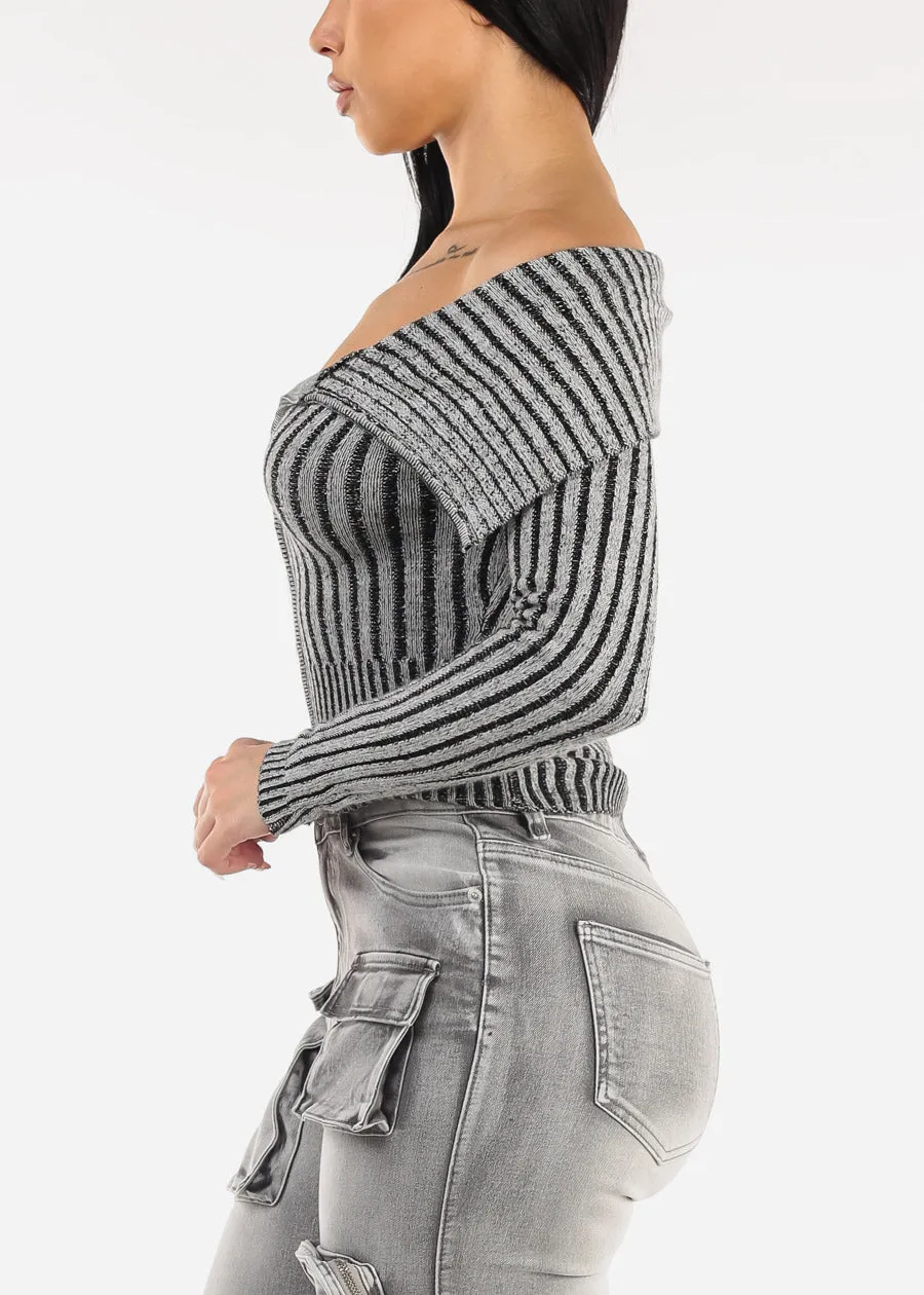 Off Shoulder Zip Up Stripe Sweater Grey sold by Moda product image thumbnail 3