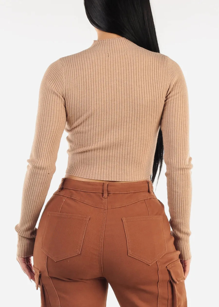 Mock Neck Ribbed Crop Sweater Top Khaki sold by Moda product image thumbnail 5