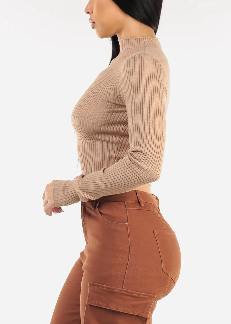 Mock Neck Ribbed Crop Sweater Top Khaki sold by Moda product image thumbnail 4