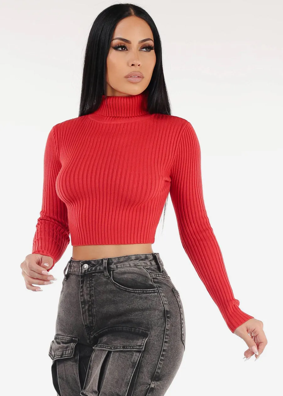 Ribbed Turtleneck Cropped Sweater Red sold by Moda
