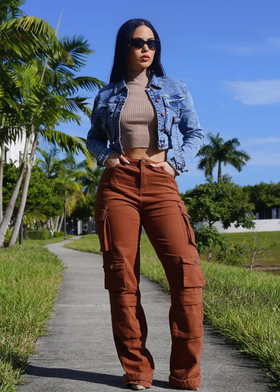 Butt Lift Straight Wide Leg Cargo Jeans Brown sold by Moda product image thumbnail 3